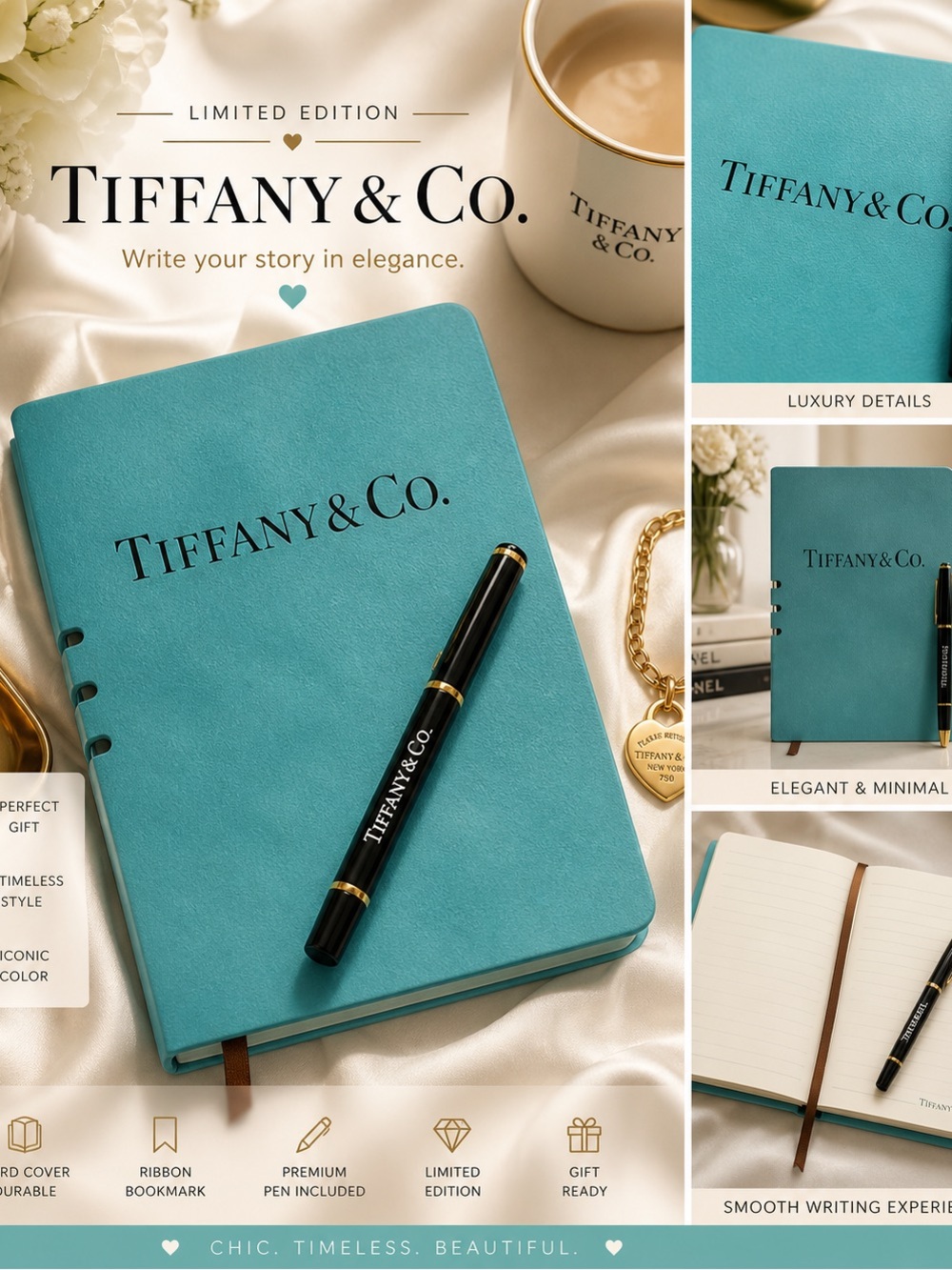 Tiffany & Co. Blue-Green Leather Notebook with Branded Pen